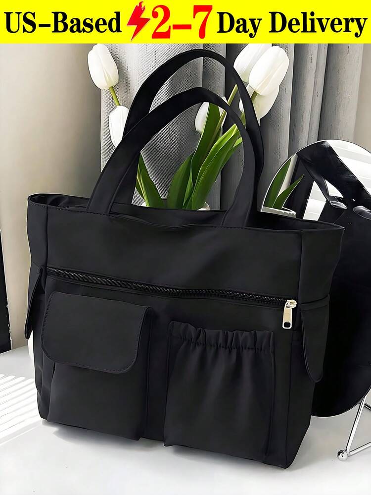 Fashion Solid Color Multi-Pocket Tote Bag With Coin Purse, Women Bag With Dime Bag, School Bag, Large Capacity, Portable, Classic Casual, Business Casual, For Teen Girls Women College Students, White-Collar Workers School Handbag, School Bookbag, Back To School Bags, Waterproof, Laptop Compartment, Lightweight, Foldable, Suitable For Teen Girls Women College Students, Teacher, Perfect For Back To School, First Day Of School, Middle School, High School, Tote Bags For School,College Essentials - 黑色 - 查看 1