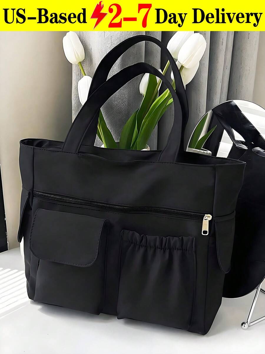 Fashion Solid Color Multi-Pocket Tote Bag With Coin Purse, Women Bag With Dime Bag, School Bag, Large Capacity, Portable, Classic Casual, Business Casual, For Teen Girls Women College Students, White-Collar Workers School Handbag, School Bookbag, Back To School Bags, Waterproof, Laptop Compartment, Lightweight, Foldable, Suitable For Teen Girls Women College Students, Teacher, Perfect For Back To School, First Day Of School, Middle School, High School, Tote Bags For School,College Essentials - màu đen - Xem 1