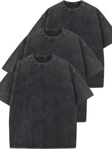 3 Pack Men's Vintage Washed Oversized Cotton T Shirts Loose Fit Short Sleeve Casual Streetwear Unisex Tops - Đen+đen+đen - Xem 1