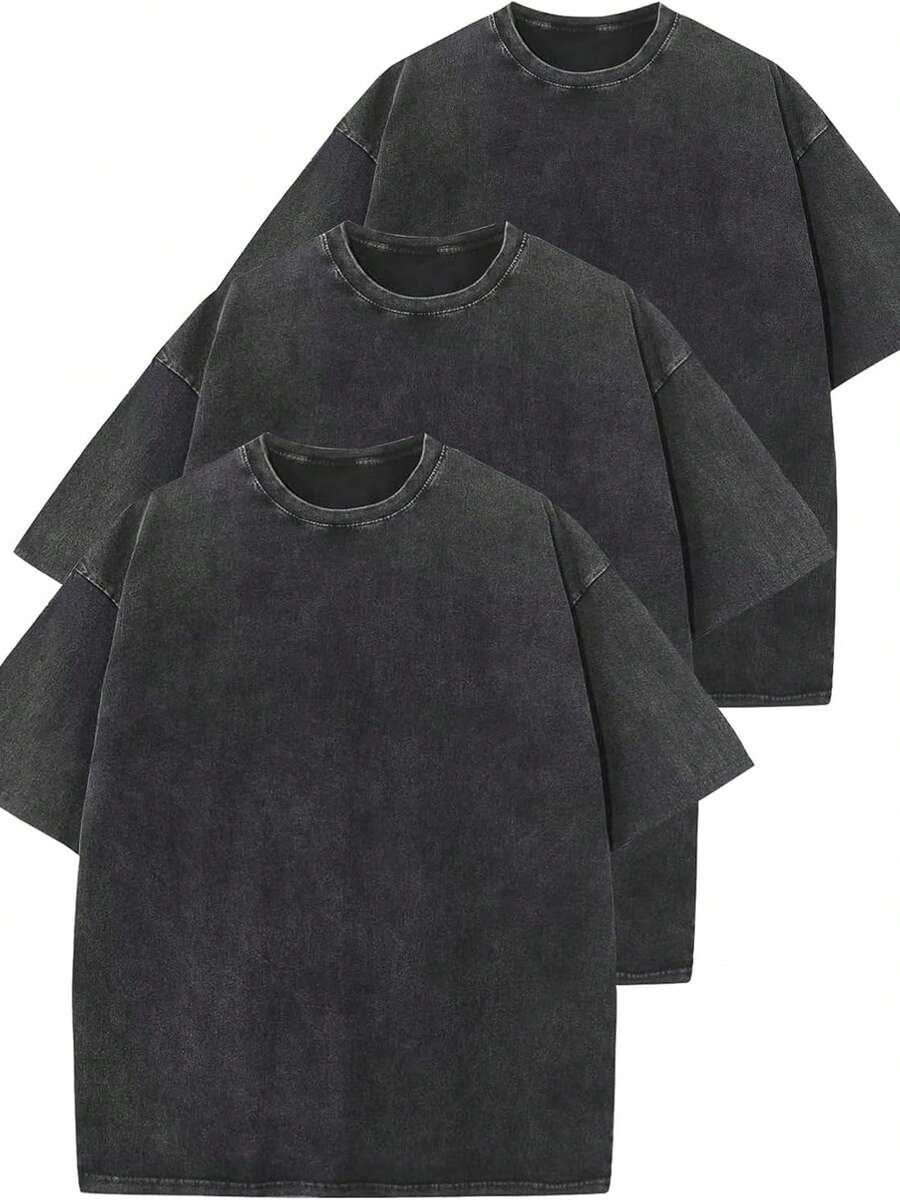 3 Pack Men's Vintage Washed Oversized Cotton T Shirts Loose Fit Short Sleeve Casual Streetwear Unisex Tops - Đen+đen+đen - Xem 1