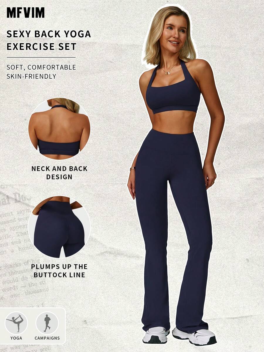 MFVIM 2 件套女士夏季运动套装，无袖露背吊带上衣和高腰喇叭裤（钴蓝色）