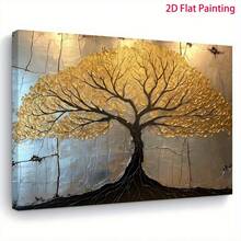 1pc, Modern Abstract Gold Tree Canvas Wall Art, Textured Golden Leaf Painting For Living Room, Elegant Nature Inspired Framed Artwork For Bedroom & Office Decor, Contemporary Silver Background Home Decoration - Nhiều màu - Xem 2