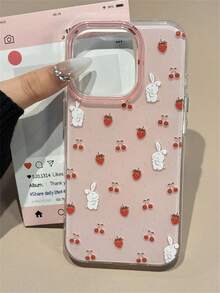 Süßer Cartoon Hase Erdbeere Kirsche Polka Punkt Handyhülle kompatibel mit iPhone 17 Pro Max 16 15 14 13 11 12 Pro Max 16 15 14 Plus, süßes Mädchen glänzend rosa Hülle - Pink - Übersicht 2