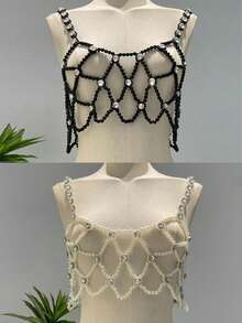 1pc Handmade Beaded Hollow Faux Pearl & Rhinestone Boho Style Necklace Chain Jewelry Accessory For Women, Suitable For Dates, Weddings, Parties, Summer Beach Vacation And Daily Wear