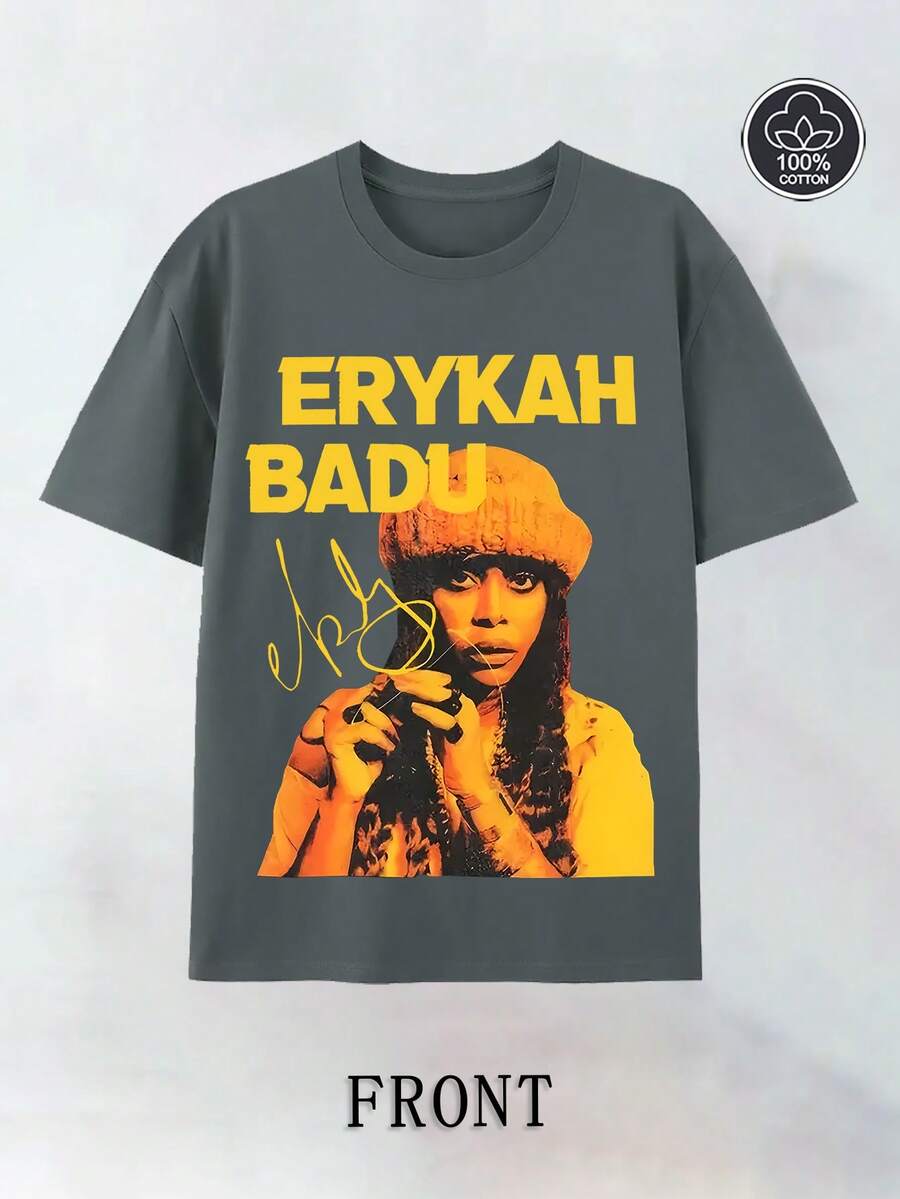Wash With Water To Do The Old Craft! Erykah Badu Character Printed T-Shirt, Retro Soul Singer Element, Full Of Street . - 灰色 - 查看 1