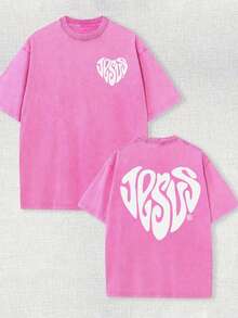 230g Double-Sided Washed, Jesus' Love Printed T-Shirt, High-Quality Wax Printed Cotton Retro Fashion Brand T-Shirt, Beach Essential, Men's Summer T-Shirt, Holiday Gift, Perfect Gift - 玫紅色 - 查看 1