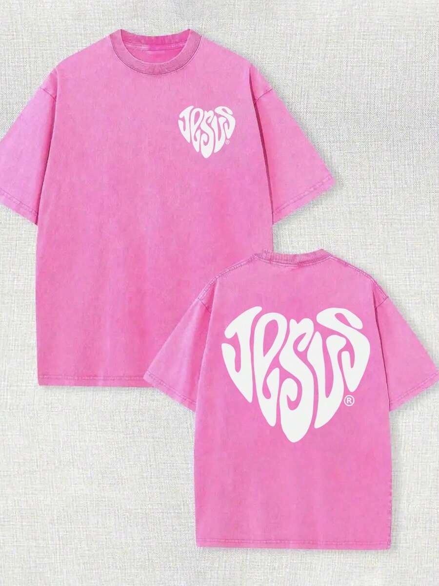 230g Double-Sided Washed, Jesus' Love Printed T-Shirt, High-Quality Wax Printed Cotton Retro Fashion Brand T-Shirt, Beach Essential, Men's Summer T-Shirt, Holiday Gift, Perfect Gift - 玫紅色 - 查看 1