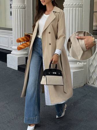 Blazer Collar Patchwork Double-Layer Tie-Waist Button Long Trench Coat