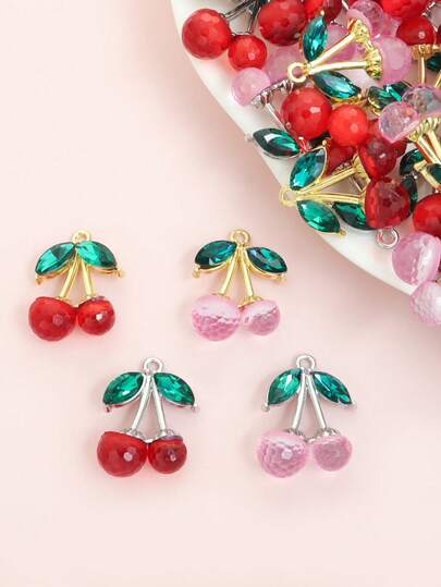 10 قطعة من قلادات الكرز الوردي والأحمر المزينة بالأحجار الكريمة الخضراء، قلادة وسوار وأقراط وسلسلة مفاتيح وسلسلة هاتف وتعليقة حقيبة DIY من شكل ثمرة ثلاثية الأبعاد من الراتنج والسبائك المعدنية - إكسسوار جذاب وأنيق مناسب للبنات للاستخدام اليومي والحفلات