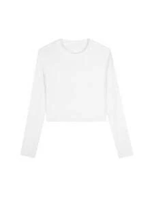 Y2K 露脐圆领长袖T恤，纯色修身露脐打底衫 - 白色 - 查看 5