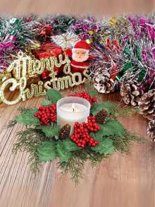 1pc/2pcs Winter Realistic Christmas Candle Rings - Classic Xmas Door And Wall Hanging Adornments With Artificial Greenery, Fake Pine Cones, Faux Red Berries, Suitable For Home Decor Living Room,Room Candlesticks Decor,Bedroom Candle Small Wreath Decor