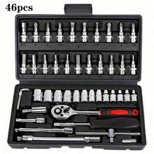 46 件优质专业工具套件，汽车/自行车维修技工工具套装，包括 1/2"、1/4"、3/8" 驱动深套筒和标准套筒、赛车级汽车零件棘轮扳手、用于全面汽车和家庭维修的耐用工具、高级棘轮扭矩扳手和螺丝刀套装 - 超级紧凑，用于汽车、自行车和摩托车维护的一体化解决方案，多功能且易于使用 - 彩色 - 查看 8