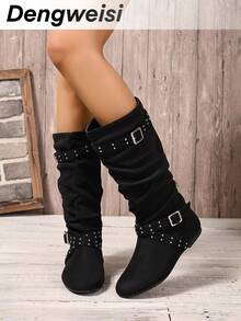 Black Multi-Strap Rivet Punk Pleated Soft Flat Round Toe Versatile Commute Daily Office Casual Holiday Music Festival Fashion Mid-Calf Boots For Women - Black - View 4