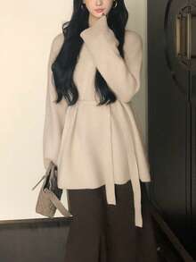 Alicedudu Women's Elegant Long Pullover With Waist Belt Design, Autumn/Winter - Apricot - View 3