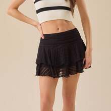 Women's Summer Casual, Comfortable, Elegant And Flowing Short Lace Small Floral Solid Color Mini Skirt Suitable For Everyday Wear Elegant Style Clothing - màu đen - Xem 4