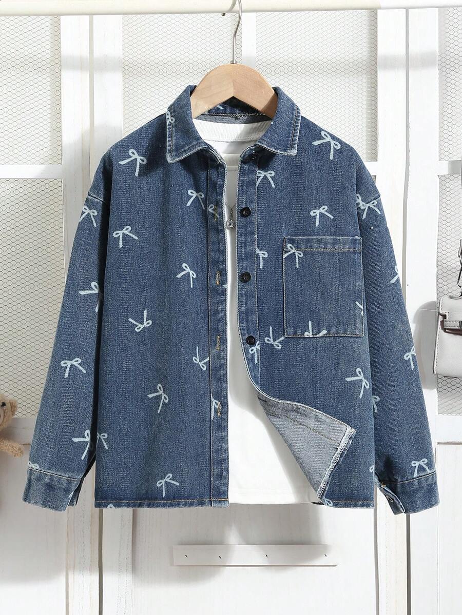 Girls/Teens' Casual Fashion Blue Pocket Butterfly Denim Long Sleeve Jacket