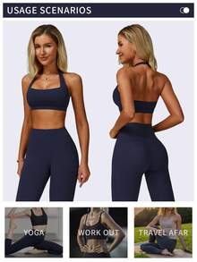 MFVIM 2 件套女士夏季运动套装，无袖露背吊带上衣和高腰喇叭裤（钴蓝色） - Blue Power - 查看 6