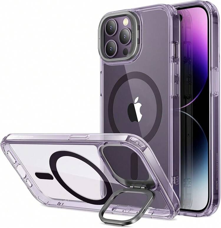 ESR Funda para iPhone 15 Pro, Compatible MagSafe, Funda Protectora Grado Militar, Funda con Soporte Oculto Integrado, Parte Trasera Resistente a Arañazos, Serie Classic, Transparente - Transparente Púrpura - Añade 12