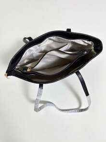 Túi tote PU thời trang màu trơn trang trí khăn quàng cổ, túi đeo vai tối giản cổ điển dung tích lớn, túi xách thường ngày nhiều ngăn phù hợp cho phụ nữ - màu đen - Xem 6