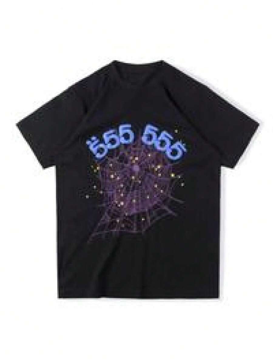 100% Cotton Sp5der Worldwide Tee Shirt – Streetwear Graphic T-Shirt – Oversized Gym Shirt For Men &Amp; Women - 黑色 - 查看 1