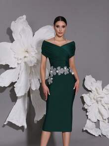 新款针织绷带露肩连衣裙，手工串珠，性感修身开衩下摆，适合家庭聚会、派对、宴会、鸡尾酒会 - 墨綠色 - 查看 2