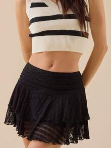 Women's Summer Casual, Comfortable, Elegant And Flowing Short Lace Small Floral Solid Color Mini Skirt Suitable For Everyday Wear Elegant Style Clothing - màu đen - Xem 1