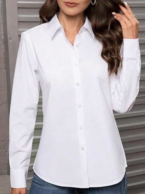 Plus Size Solid Front Button Casual Long Sleeve Shirt