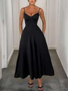 Váy ngủ hở lưng màu trơn thanh lịch gợi cảm cho nữ, dây chéo, thường ngày đi nghỉ, mùa xuân/hè/thu/mọi mùa - màu đen - Xem 2
