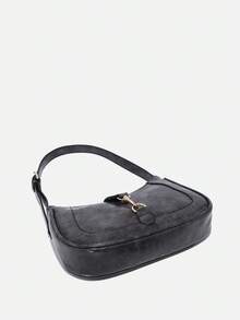 1pc Vintage Minimalist Crescent Moon Shaped Adjustable Shoulder Bag, Suitable For Dates, Outings, Parties - Black - View 3
