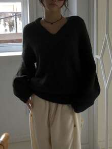 宽松V领纯色休闲套头衫，韩版风格 - 黑色 - 查看 5