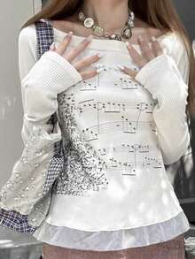 Women T-Shirt Long Sleeve Boat Neck Music Note Print Patchwork Slim Fit Ladies Tops Streetwear
