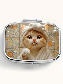 1pc Owl, Puppy, Fox, Cat Pattern Printed Square Pill Box, 2 Compartment Portable Pill Case For Pocket Or Wallet, Decorative Metal Medicine Vitamin Storage Box For Pocket, Wallet, Travel, Unique Gift - Multicolor - View 37