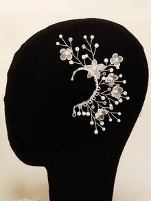 1 Pearl Earring Clip, Bridal Headpiece, Vintage Women's Hair Accessory, Antique Style, High-End Wedding Ear Hook Valentine's Day Accessories - Silver - View 15