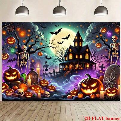 2D flache Halloween Spukhaus Kulisse Banner - Gespenstische Nachthimmel, Vollmond, Geisterlaterne, Schädel und Friedhofsszene, strapazierfähiges Polyester, einfach aufzuhängen, perfekt für Halloween Party, Fotoshooting und Feiertags-Dekoration, Innen- und Außenbereich, Halloween Dekoration