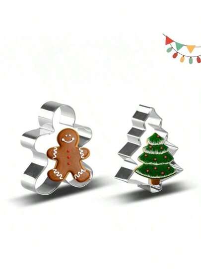 قطعتان من قوالب تشكيل بسكويت عيد الميلاد من الفولاذ المقاوم للصدأ، بشكل رجل زنجبيل وشجرة عيد الميلاد