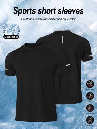 Lättvikts andas snabbtorkande sportkortärmad T-shirt för män, avslappnat reflekterande randtryck och enfärgad rundhalsdesign för utomhusbruk, cykling, löpning, träning