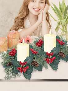 1pc/2pcs Winter Realistic Christmas Candle Rings - Classic Xmas Door And Wall Hanging Adornments With Artificial Greenery, Fake Pine Cones, Faux Red Berries, Suitable For Home Decor Living Room,Room Candlesticks Decor,Bedroom Candle Small Wreath Decor