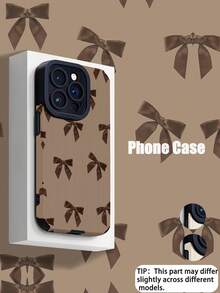 WeiMi 1pc Vintage Brown Bow Illustration Pattern Vertical Striped Faux Leather Soft Protective Phone Case, Compatible With IPhone And S16/S16 Plus/S16 Pro/S16 Pro Max - Multicolor - View 1