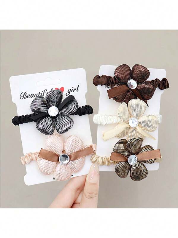 5pcs/Set Women Elegant Versatile Floral Hair Scrunchies In Pink, White, Champagne, Khaki, Black, Hair Accessories For Ponytail, Everyday & Outdoor Use