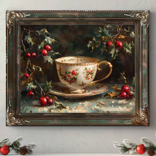 1pc, Canvas Hanging Painting, Framed Wall Art, Christmas Decoration, Christmas Teacup Painting Art, Warm Holiday Decoration, Vintage Christmas Tree Scene, Festive Hot Cocoa Wall Painting, Christmas Coffee, Cafe Decoration, Preppy Christmas Decoration, Winter Decoration, Christmas Room Decoration, Dorm Decoration, Bedroom Decoration, Bathroom Decoration, Living Room Decoration, Office Decoration, Classroom, Christmas Holiday Home Decoration