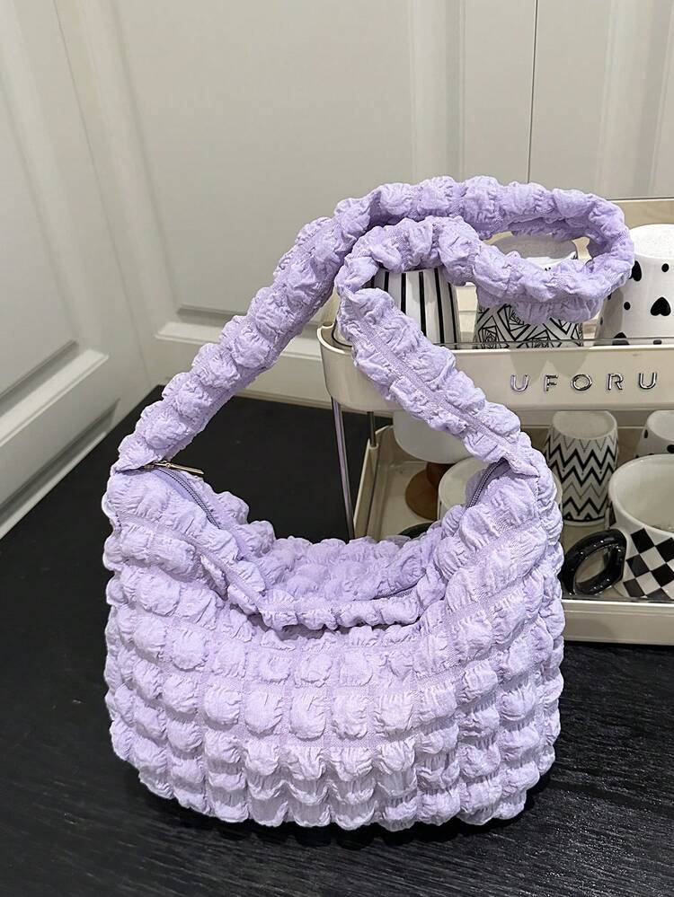 Soft Texture Large Capacity Women's Shoulder Bag, Casual Commuter Puff Cloud Pleated Bag, Korean Style - Purple - View 7