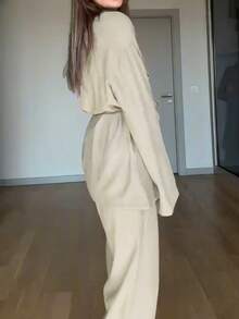Women's Fashion Drawstring Waist Long Sleeve Cardigan Shirt & Wide Leg Pants Set, Solid Color Casual Summer Outfit Spring - Apricot - View 3