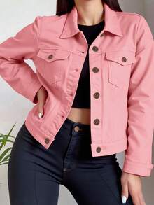 Chamarra mezclilla dama mujer casual día noche fiesta trendy original moderna sexy juvenil femenina oficina trabajo formal surprise jeans - Rosa - Ver 3