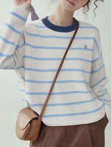 Alicedudu كنزة صوفية كلاسيكية للنساء بياقة مستديرة وخطوط، ناعمة ودافئة، للخريف/الشتاء