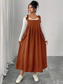 Plus Size Solid Color Thick Strap Knotted Pocket Sleeveless Summer Dress