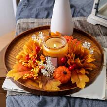 Thanksgiving Candle Ring Fall Artificial Maple Leaves Pumpkin Wreath For Harvest Festival Farmhouse Table Decor