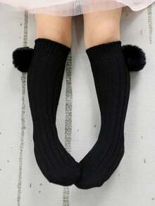 1 Pair Thick Warm Fuzzy Ball Mid-Calf Socks, Autumn/Winter