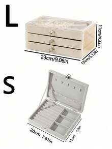 1个优雅三层首饰收纳盒，带抽屉 - 长方形布艺耳环架，防尘展示盒，完美的家居装饰品。男女皆宜。天鹅绒抽屉美观且品质上乘。精致的水晶拉手方便取用三个隔层中的首饰，整齐收纳耳环、项链和戒指。 - 彩色 - 查看 10