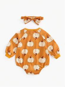 女婴可爱南瓜印花长袖连体衣，配发带，适合万圣节派对、春秋冬季穿着。 - 橘色 - 查看 3