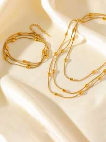 1 Set de Joyería de Collar y Pulsera de Acero Inoxidable Multicapa de Lujo, Estilo Minimalista Elegante, Versátil para Regalo o Uso Diario - Amarillo Oro - Ver 2